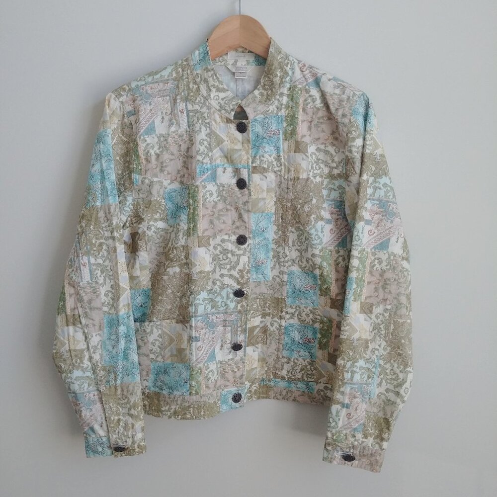 Christopher & Banks Large Stretch cotton patchwork look blue green jacket